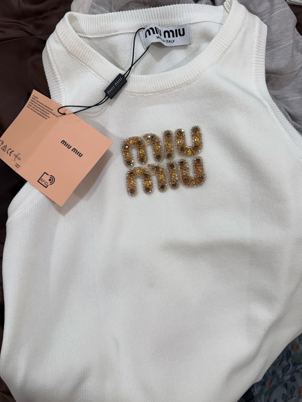 Miu Miu' White Embellished Logo Tank Top